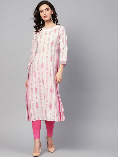 AHIKA Women White & Pink Printed Straight Kurta