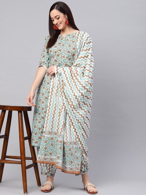 Idalia Women Blue & Brown Handblock Print Kurta with Palazzos & Dupatta