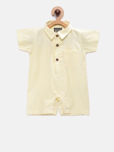 RIKIDOOS Boys Yellow & 0ff-White Striped Romper with a Bow-Tie