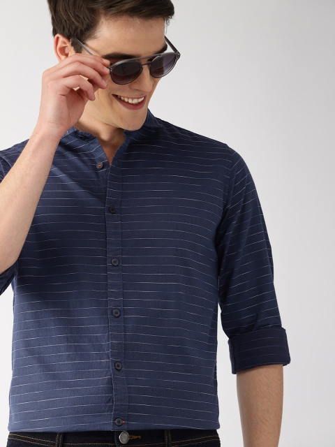 Mast & Harbour Men Navy Blue Regular Fit Striped Casual Shirt