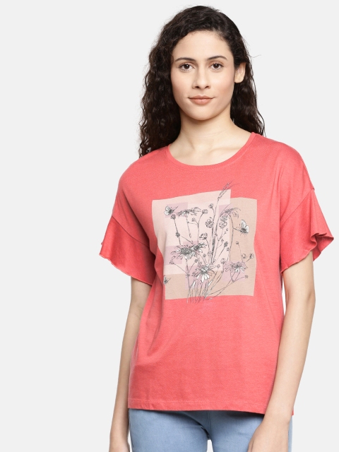 Vero Moda Women Coral Pink Printed Round Neck T-shirt