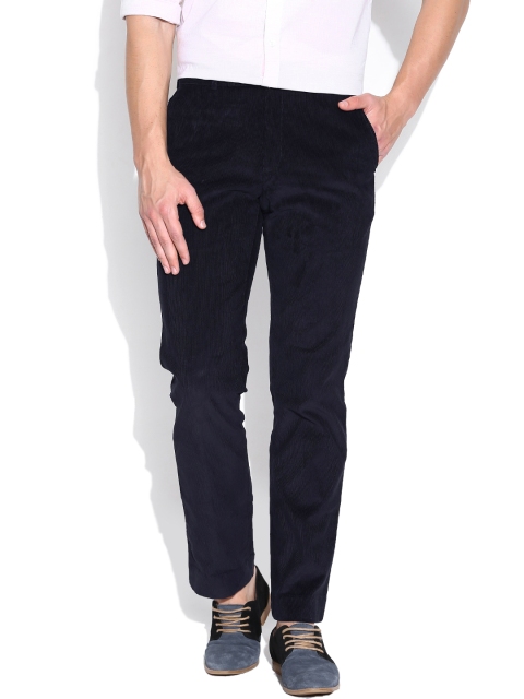 Park Avenue Navy Corduroy Smart Fit Casual Trousers, Navy blue