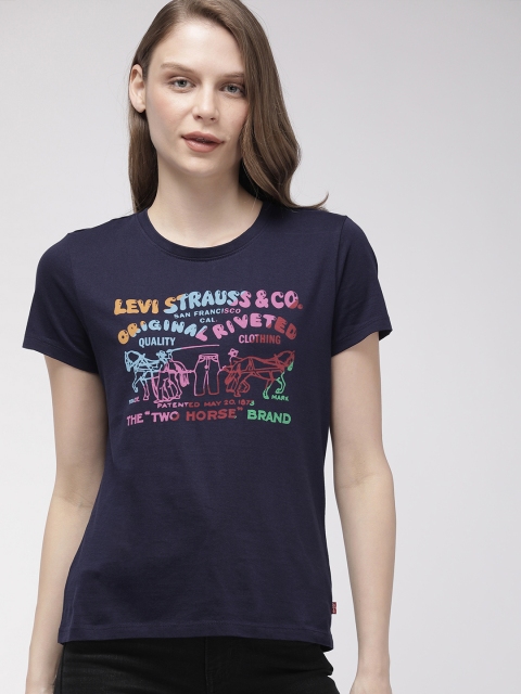 Levis Women Navy Blue Printed Round Neck Pure Cotton T-shirt