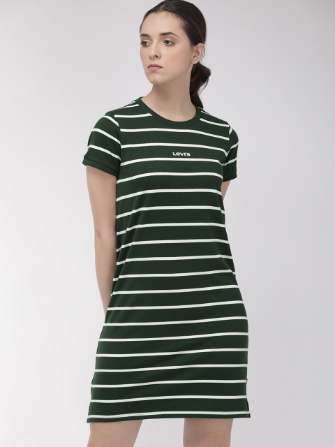 Levis Women Green & White Striped T-shirt Dress