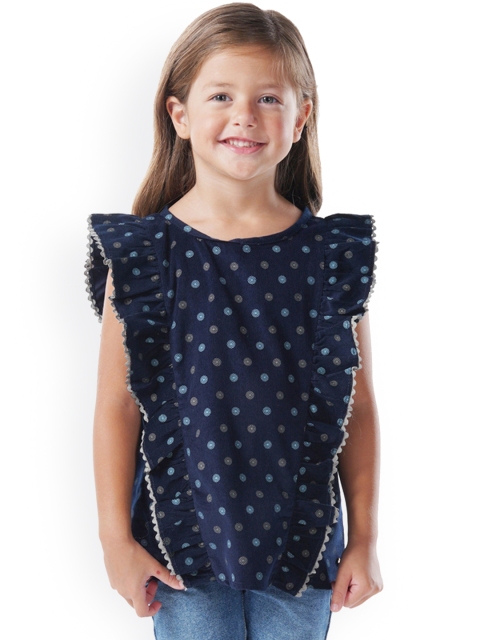 Cherry Crumble Girls Blue Printed Pure Cotton Top