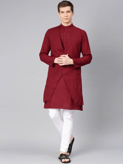 Freehand Men Maroon Solid Straight Kurta