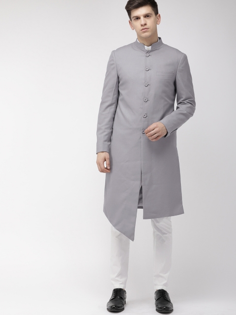The Indian Garage Co Men Grey & White Solid Sherwani Set