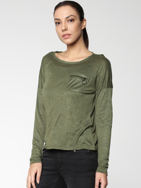 ONLY Women Olive Green Solid Round Neck T-shirt
