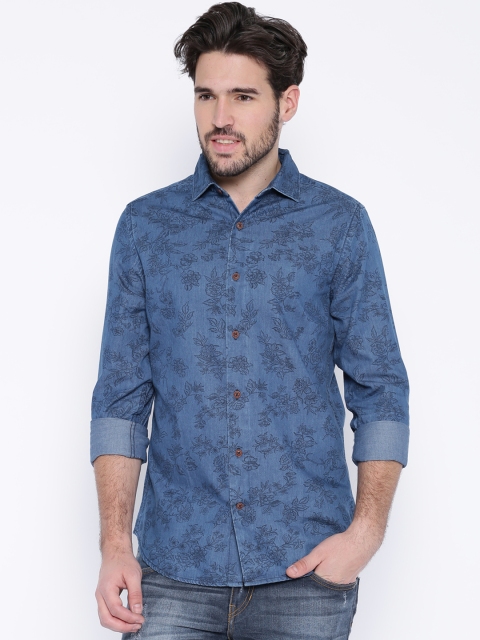 United Colors of Benetton Blue Denim Printed Casual Shirt