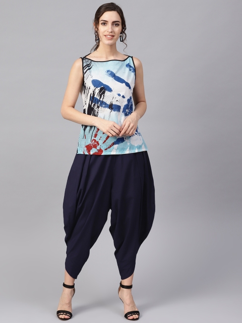 Jaipur Kurti Women White & Blue Printed Top with Dhoti Pants