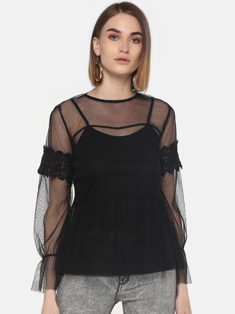 LA LOFT Women Black Solid Sheer A-Line Net Top