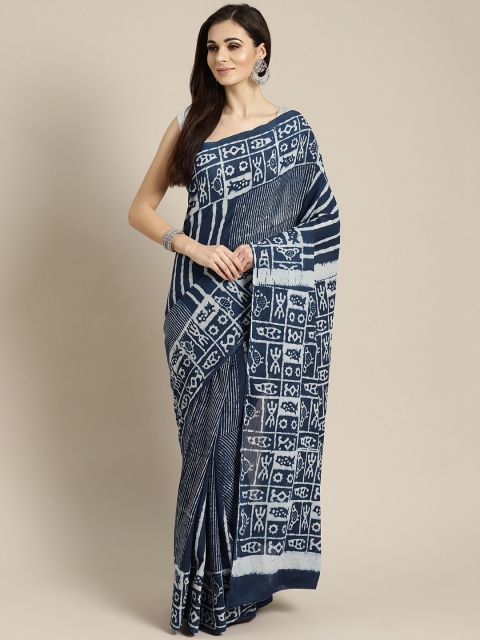 FIROZA Navy Blue & Off-White Printed Saree
