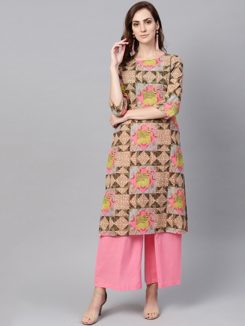 AASI - HOUSE OF NAYO Women Beige & Pink Printed Kurta with Palazzos