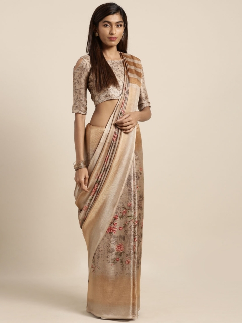 Mirchi Fashion Beige Printed Linen Blend Saree