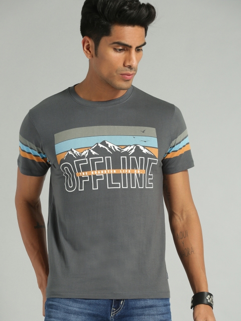 Roadster Men Grey Printed Round Neck T-shirt