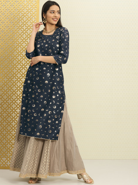 House of Pataudi Women Blue & Gold-Toned Printed Straight Kurta 
House of Pataudi Women Blue & Gold-Toned Printed Straight Kurta