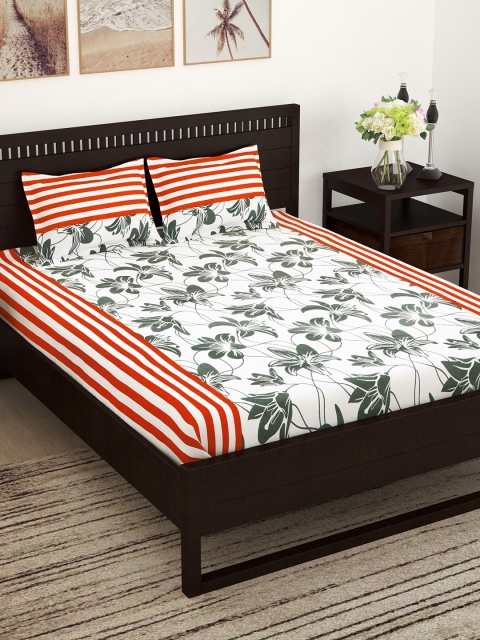 Story@home White & Grey Floral 160 TC Cotton 1 Queen Bedsheet with 2 Pillow Covers