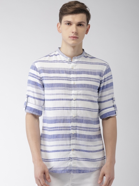 Celio Men White Blue Striped Casual Sustainable Shirt