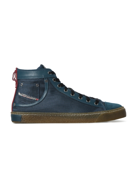 DIESEL Men Blue Textured Leather Mid-Top Sneakers