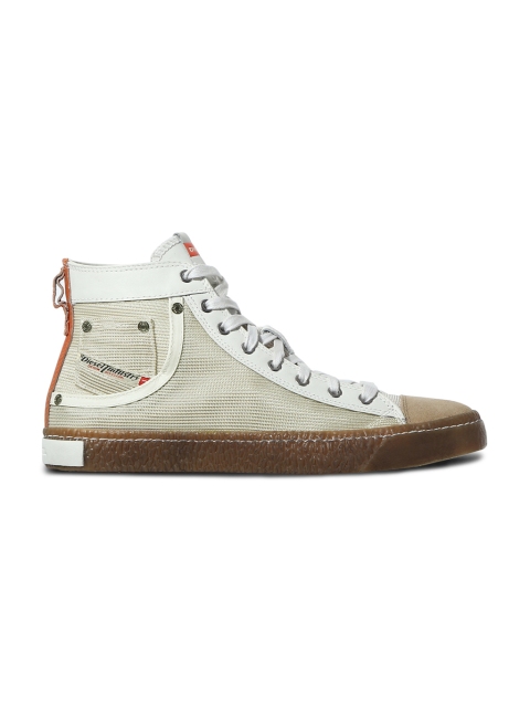 DIESEL Men White Textured Leather Mid-Top Sneakers