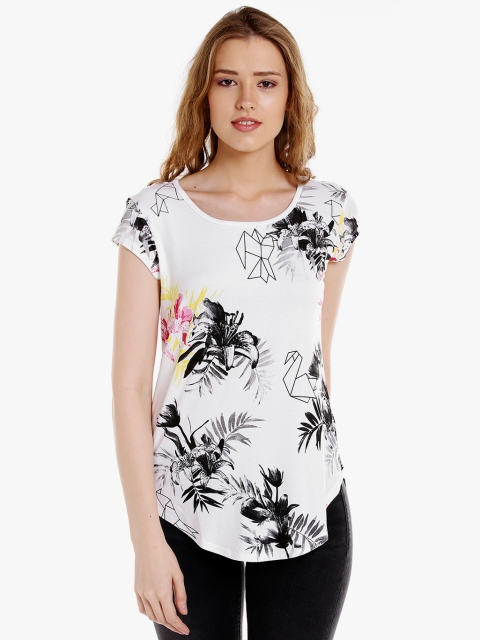 SPYKAR Women White Round Neck Printed T-shirt