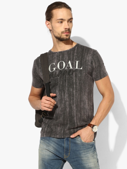 Dark Grey Printed Slim Fit Round Neck T-Shirt