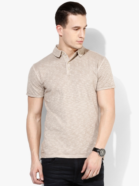 Beige Solid Slim Fit Polo T-Shirt