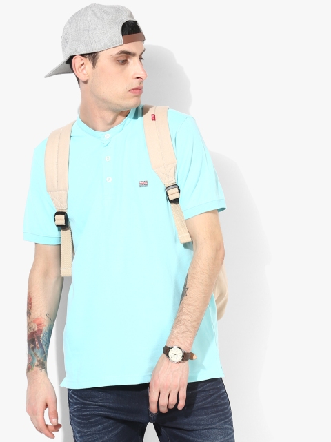 Aqua Blue Solid Slim Fit Mandarin T-Shirt