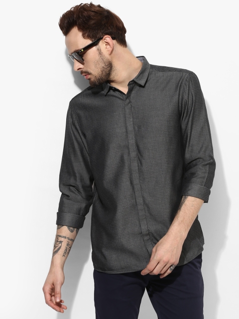Dark Grey Textured Slim Fit Casual Shirt
