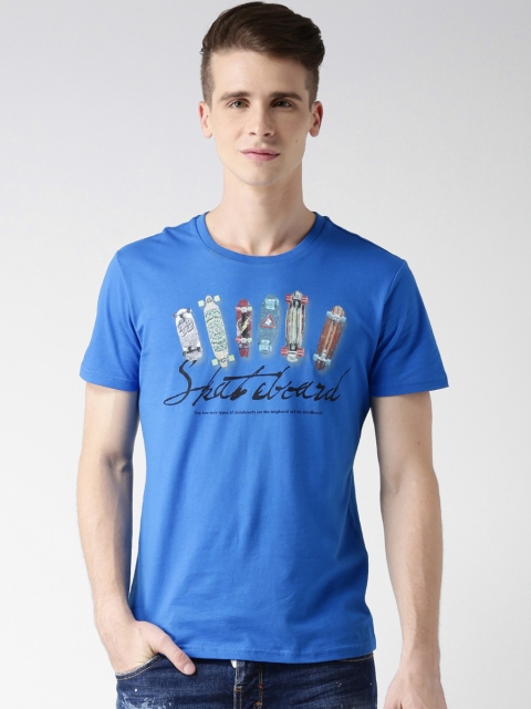 Metersbonwe Blue Printed Regular Fit Round Neck T-Shirt