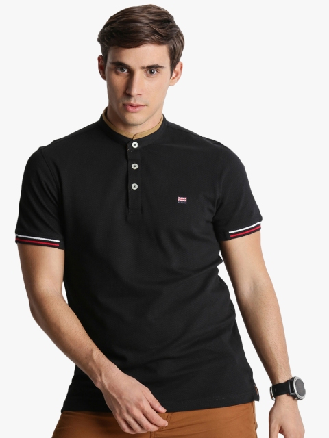 Black Solid Slim Fit Mandarin T-Shirt