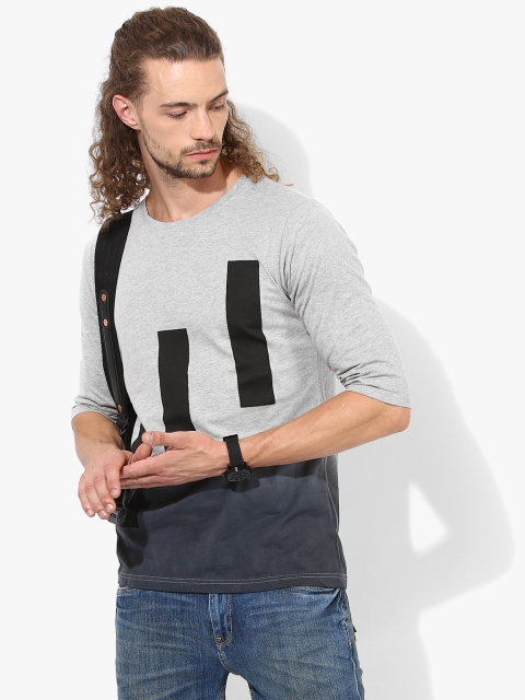 Black Printed Slim Fit Round Neck T-Shirt, Grey