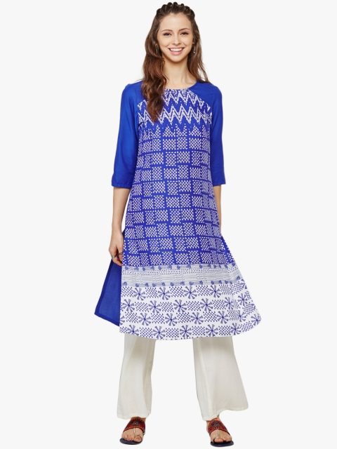Global Desi Women Blue Printed Straight Kurta