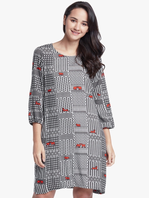 Global Desi Women Black Printed A-Line Dress