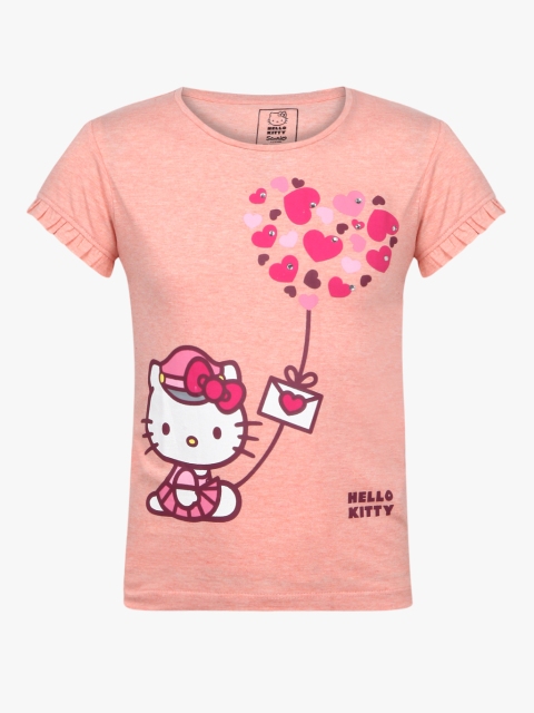 Kids Ville Girls Peach-Coloured Hello Kitty Printed Top