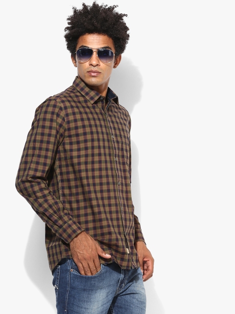 Multicoloured Checked Slim Fit Casual Shirt, Khaki