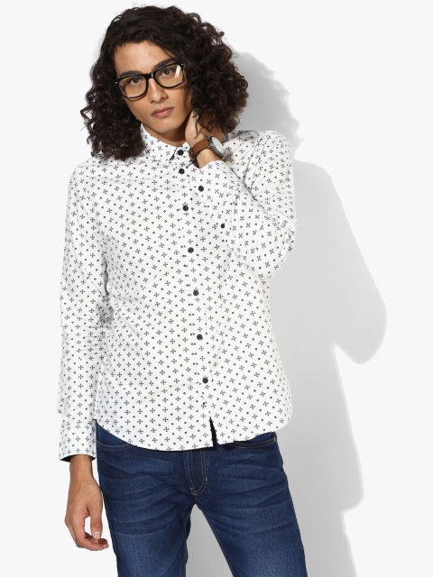 White Printed Slim Fit Casual Shirt