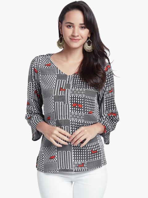 Global Desi Black & White Printed Top