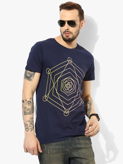 Navy Blue Printed Slim Fit Round Neck T-Shirt