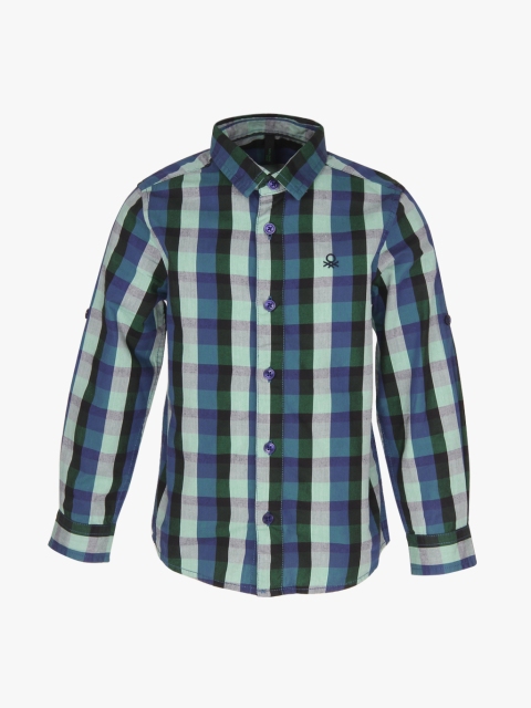 United Colors of Benetton Boys Blue & Green Regular Fit Checked Casual Shirt