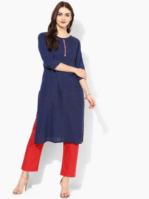 Navy Blue Pin Tuck Round Neck Straight Fit Kurta With 3/4Th Sleeves