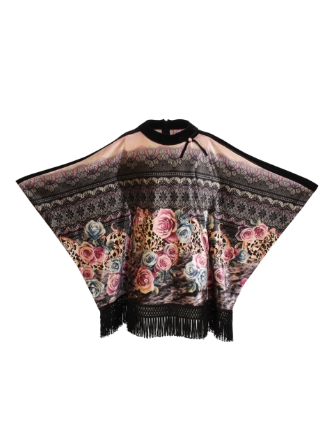 CUTECUMBER Girls Black & Multicoloured Printed Partywear Winter Kaftan Poncho