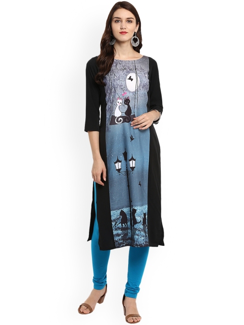 ZIYAA Women Black & Blue Printed Straight Kurta