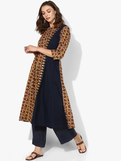 Sangria Women Black & Brown Printed A-Line Kurta With Embroidery, Multi