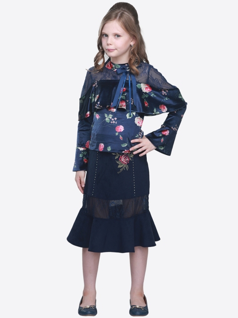 CUTECUMBER Girls Navy Blue Printed Top with Skirt