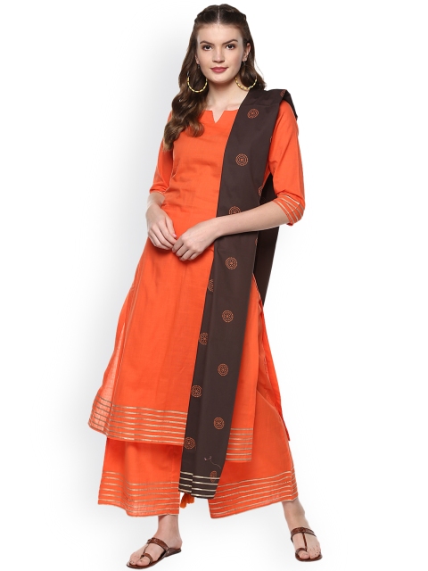 Idalia Women Orange & Brown Striped Kurta with Palazzos & Dupatta