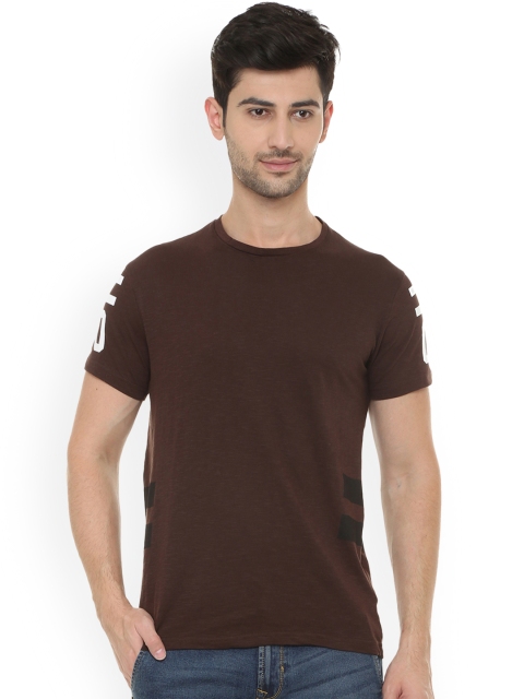 People Men Brown Solid Round Neck T-shirt