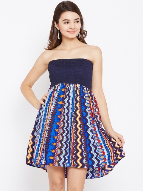 AASK Women Navy Blue Printed Fit and Flare Dress