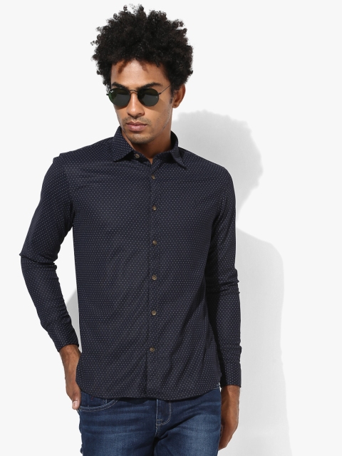 Navy Blue Printed Slim Fit Casual Shirt