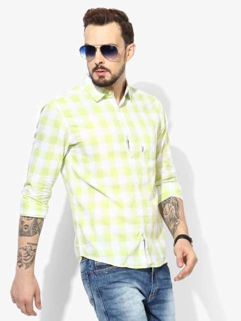 Green Checked Slim Fit Casual Shirt
